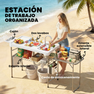 Mesa de Limpieza de Pescado Portátil, Mesa Plegable Camping con 2 Fregaderos, Grifo, Manguera, Estante Lateral, Rejilla, Cajón, Cesta, Regla, Ranuras, Estación de Limpieza para Pesca Barbacoa