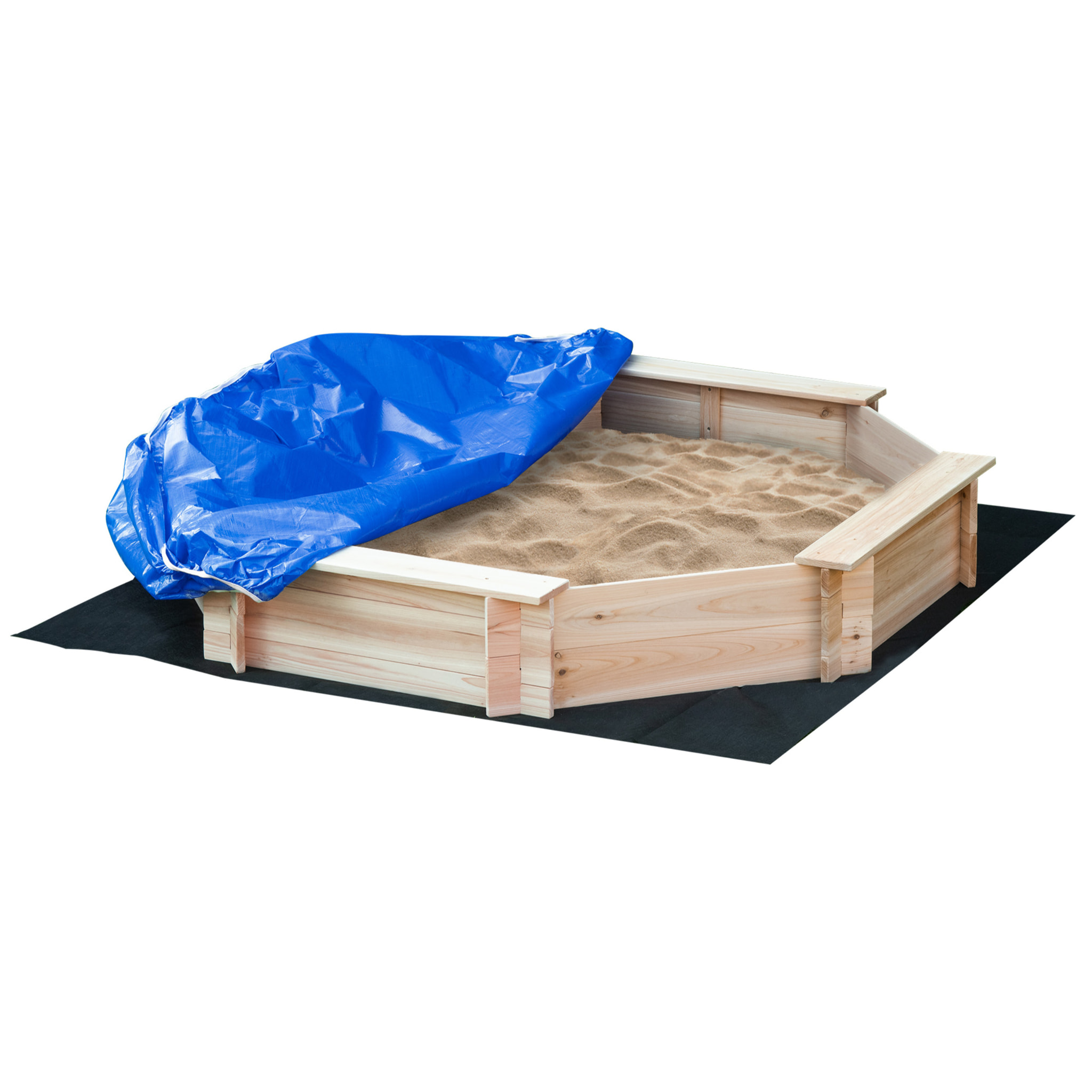 Bac à sable bois octogonal dim. 139,5L x 139,5l x 21,5H cm - 4 bancs - bâche de couverture, non tissé de sol inclus - bois sapin