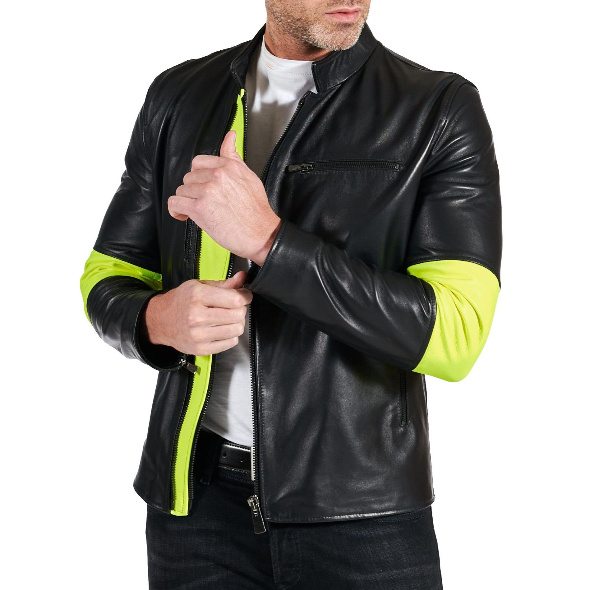 Giacca biker in pelle nera e inserti in pelle fluo effetto liscio