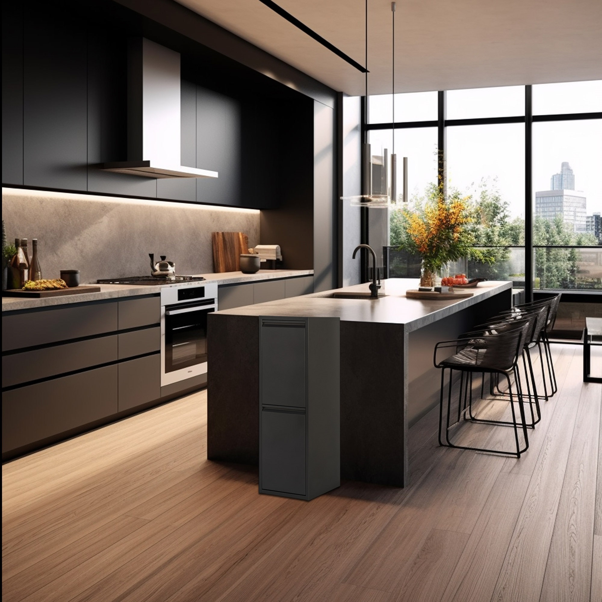 Well home - cubo de basura y reciclaje metálico de 2 compartimentos, 2x17l (34l) negro mate