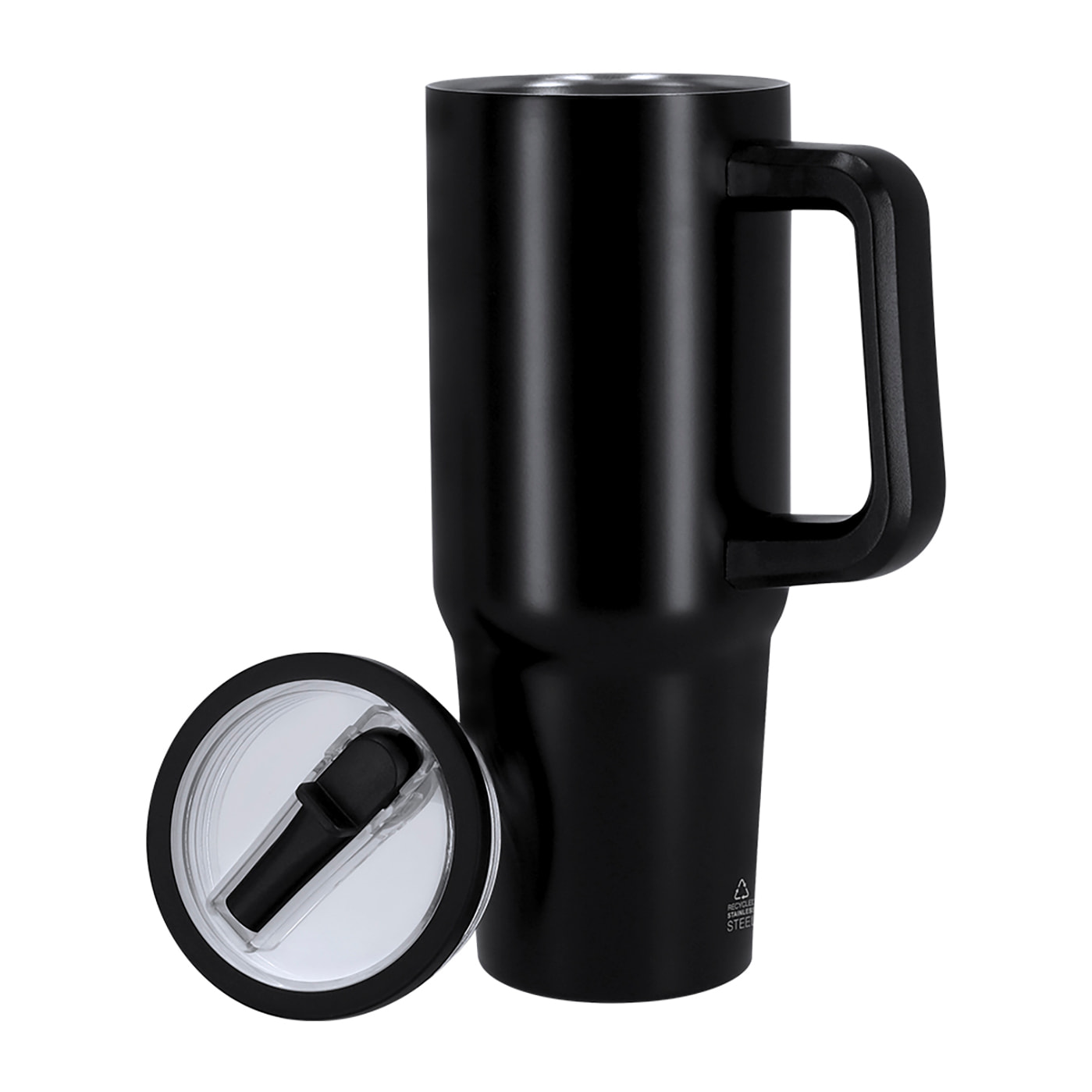 Jarra térmica de 870 ml de capacidad en Acero Inoxidable Reciclado con doble pared, tapadera hermética con boquilla plegable para beber y asa de transporte ergonómica. Libre de BPA
