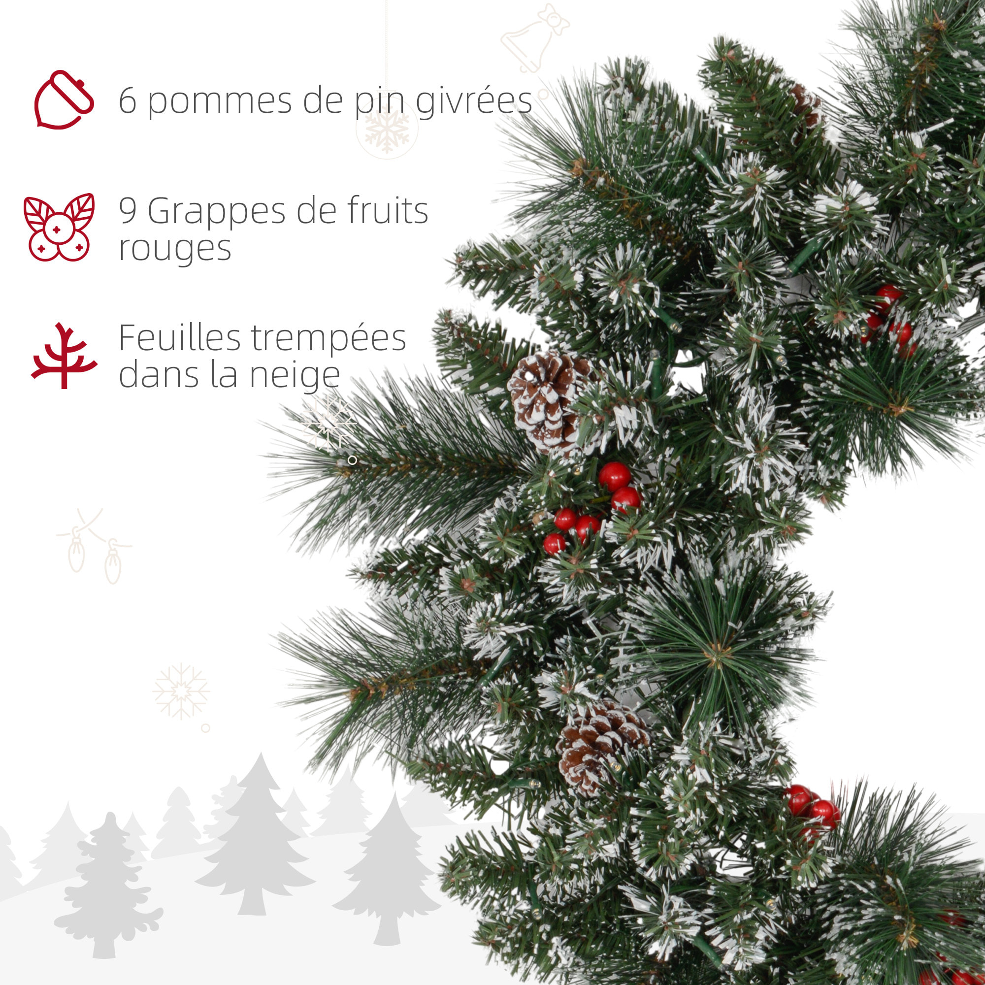 Couronne de Noël artificielle LED 60 cm - pommes de pin, baies rouges, 50 LED blanc - effet enneigé