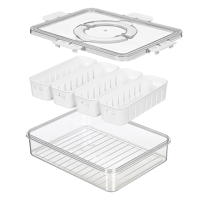 Caja hermética con 4 organizadores blancos y asa. 3,2L