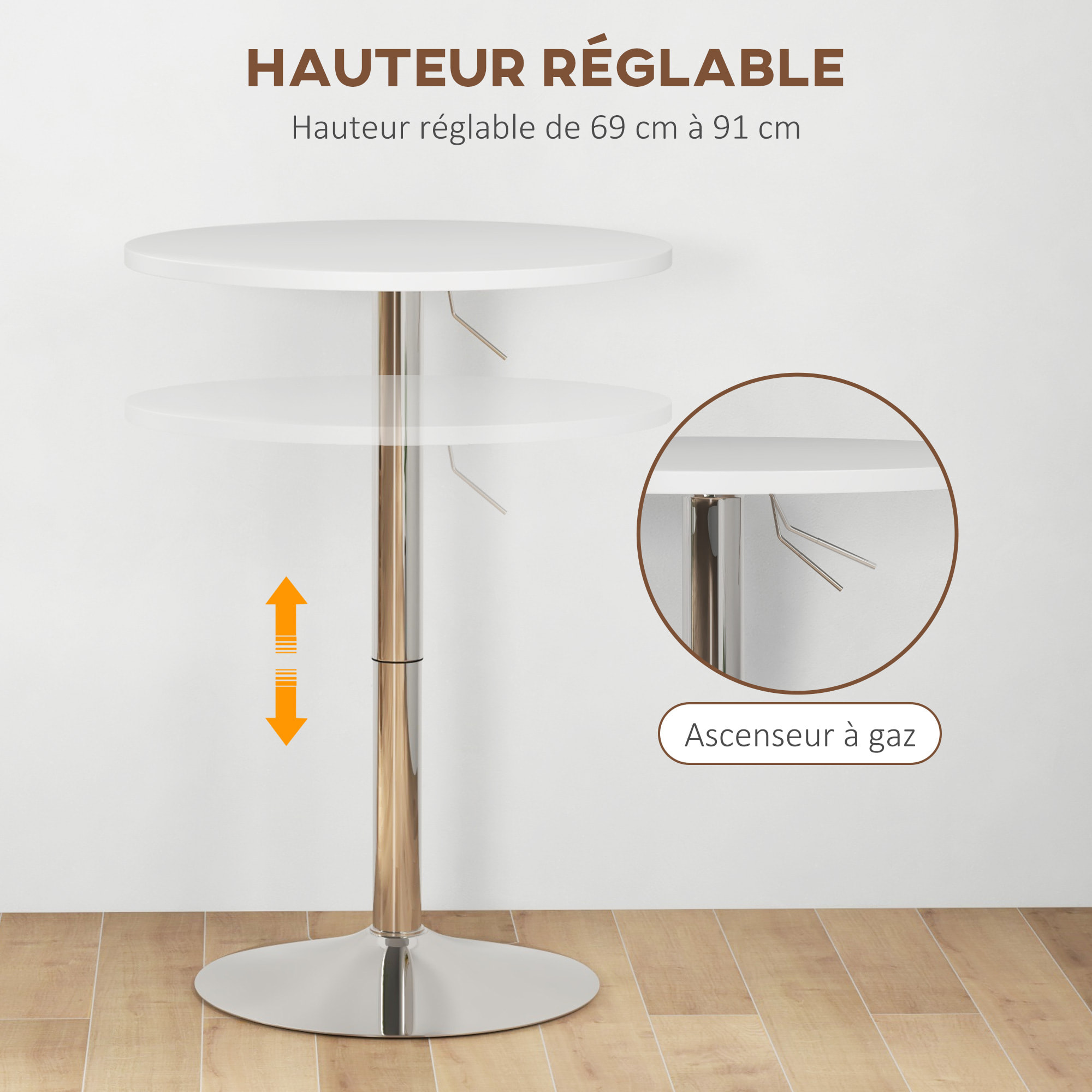 Table de bar ronde Ø 60 cm table bistro chic hauteur réglable 69-91 cm acier chromé blanc