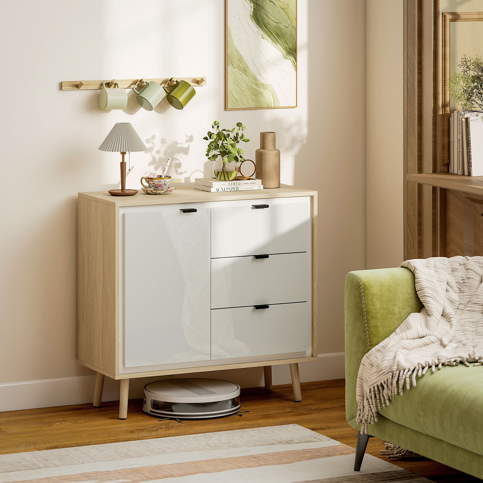 Aparador de 1 Puerta, Aparador de Salón Moderno con 3 Cajones, Estante Ajustable y Patas de Madera, para Cocina, Entrada, Dormitorio, 80x35x77 cm, Blanco Brillo y Roble