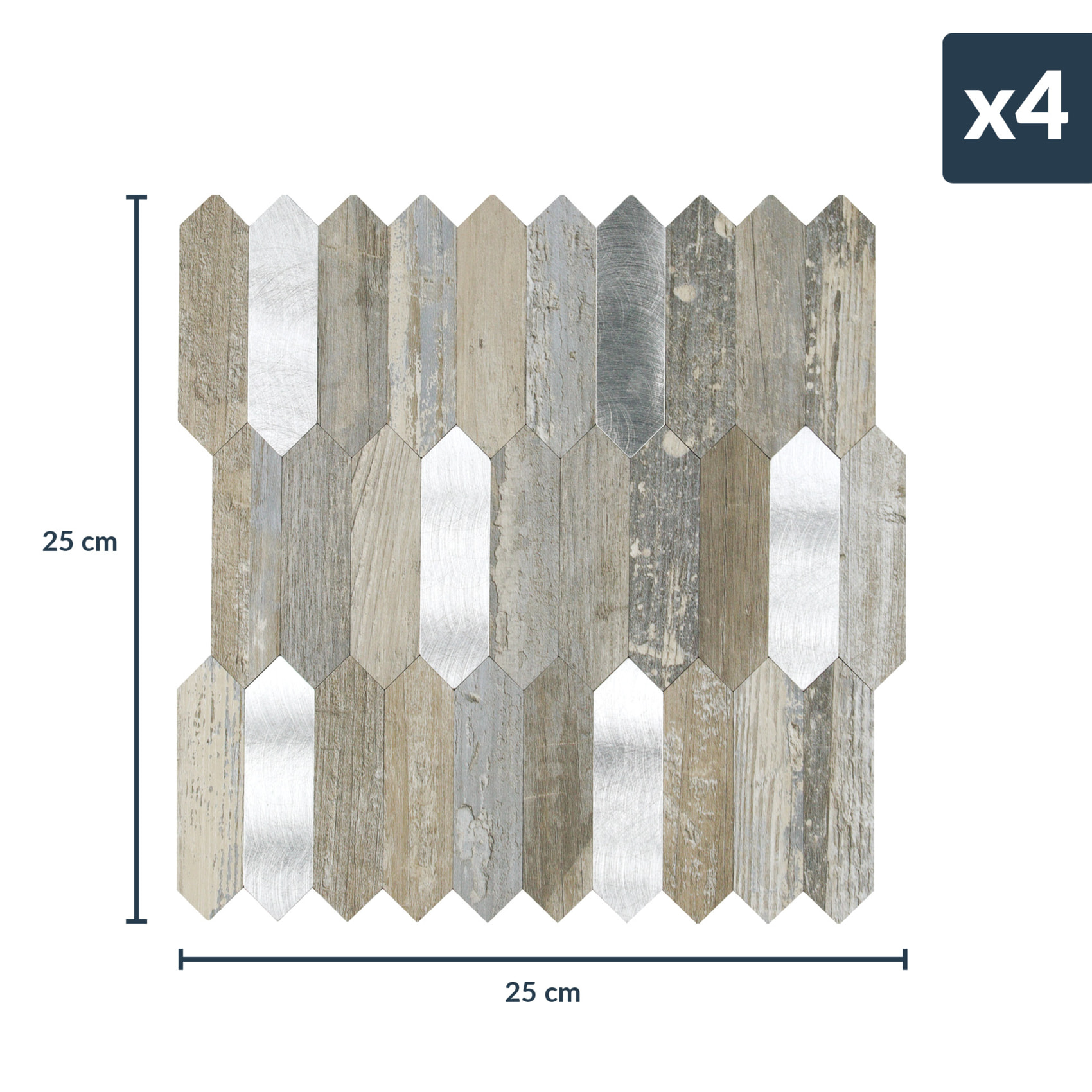 Crédence adhésive murale 3D  - Effet bois et métal 4 pièces - Marron