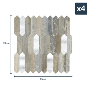 Crédence adhésive murale 3D  - Effet bois et métal 4 pièces - Marron