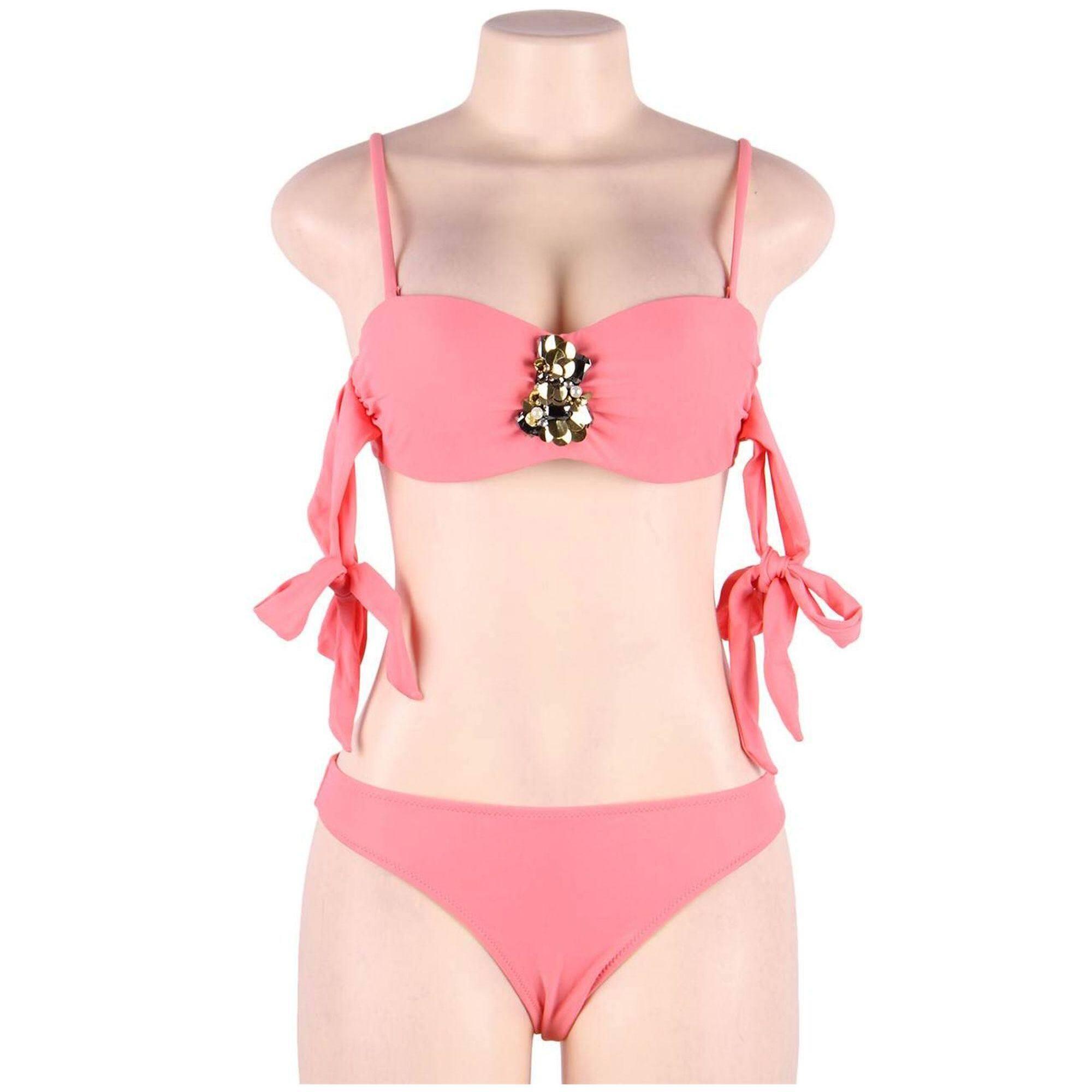 Bikini con decoración de diamantes imitacion y vendaje rosa