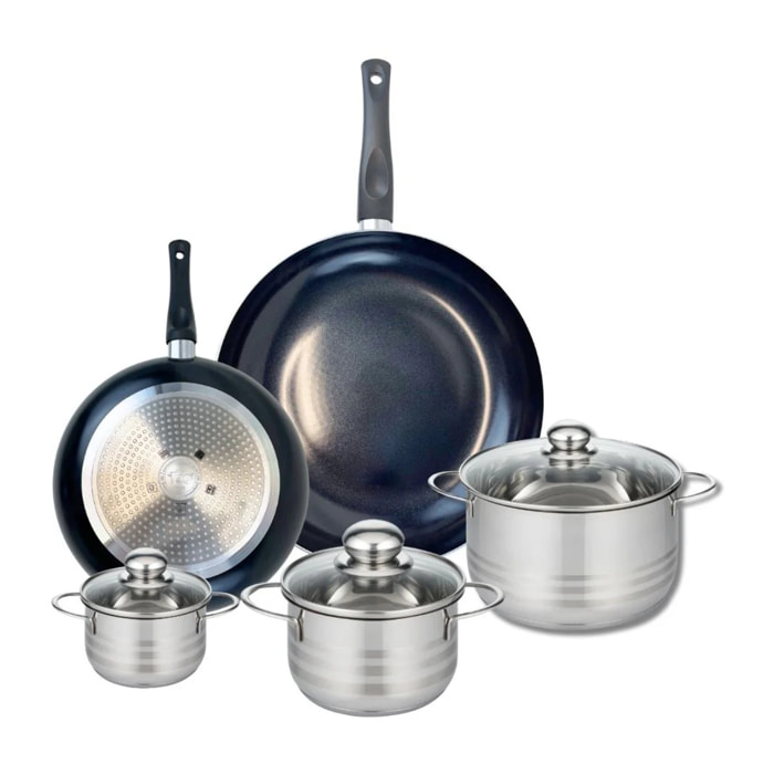 Ensemble de 2 Poêles de cuisson 24 et 32 cm et 3 faitouts 12, 16 et 20 cm Elo Prima Brillant