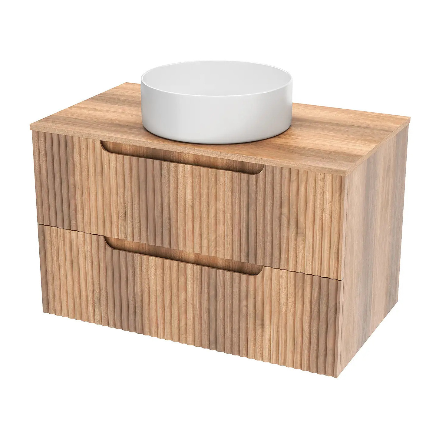 Meuble de Salle de Bains LEON 80cm Decor Bois - 2 Tiroirs en MDF Ondules - Vasque Ronde 36cm