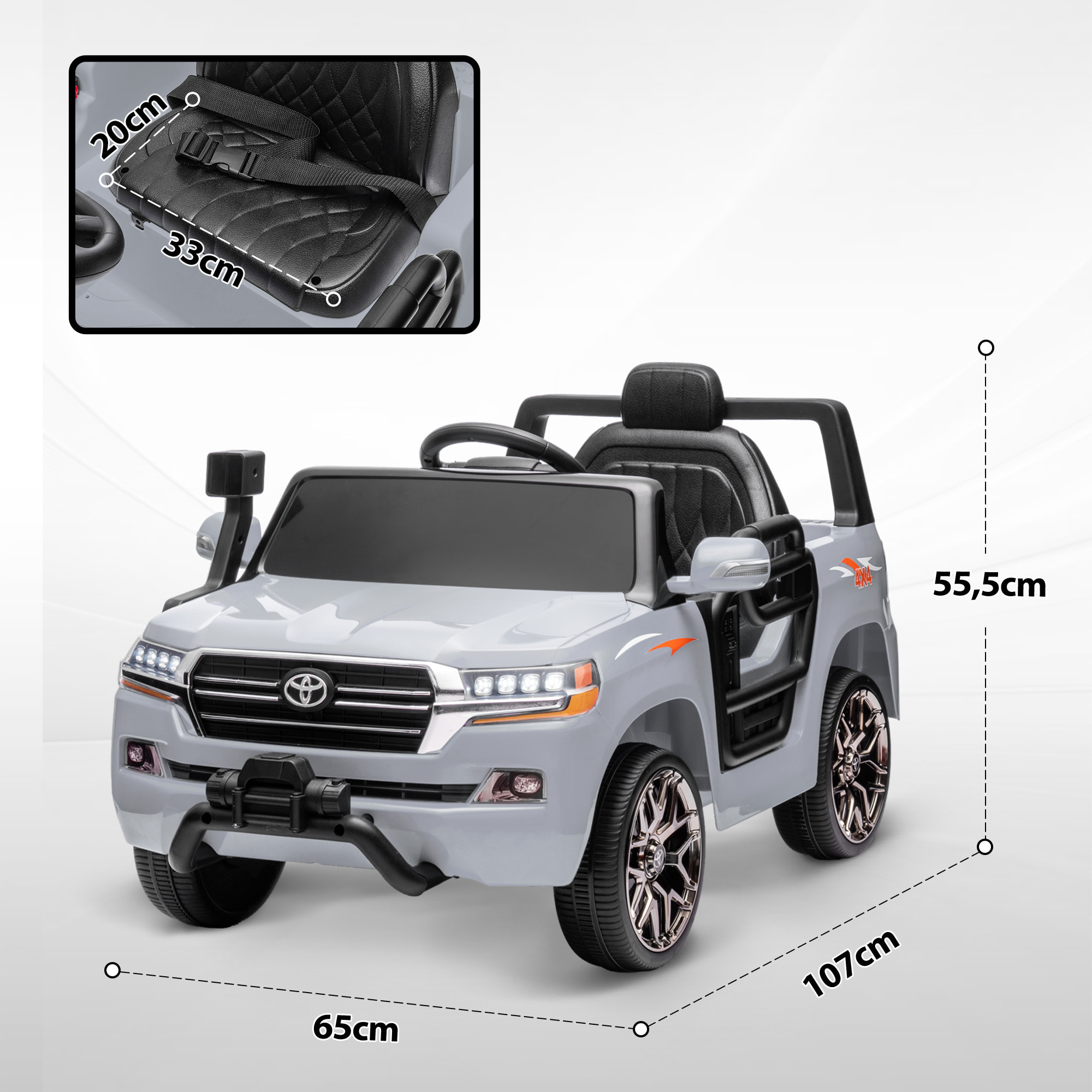 Coche Eléctrico para Niños de +3 Años Toyota LAND CRUISER Coche Eléctrico con Batería 12V Mando a Distancia Faros Bocina Arranque Suave y Música MP3 Gris