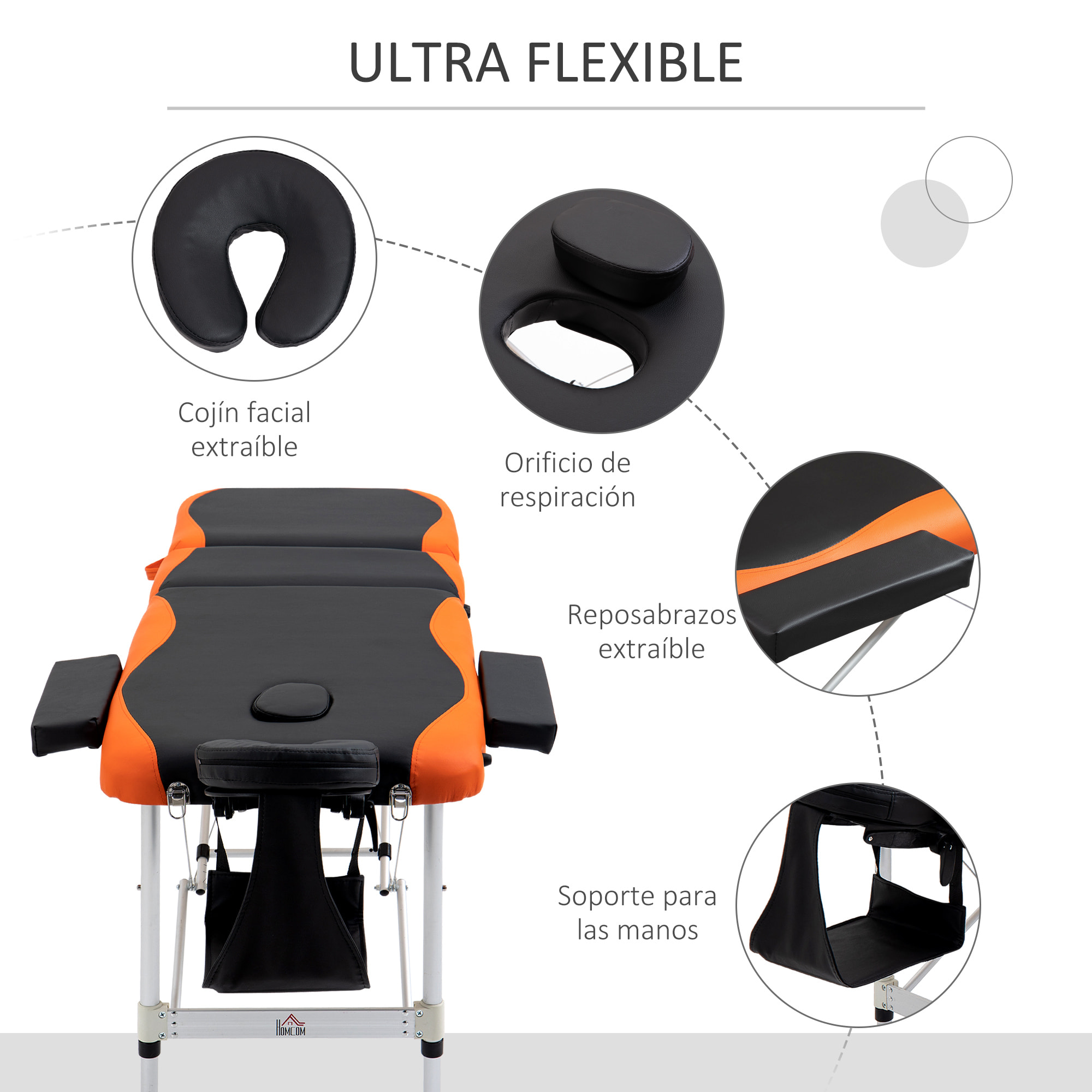 Camilla de Masaje Plegable 185x60cm Portatil Fisioterapeuta 3 Zona Negro y Naranja