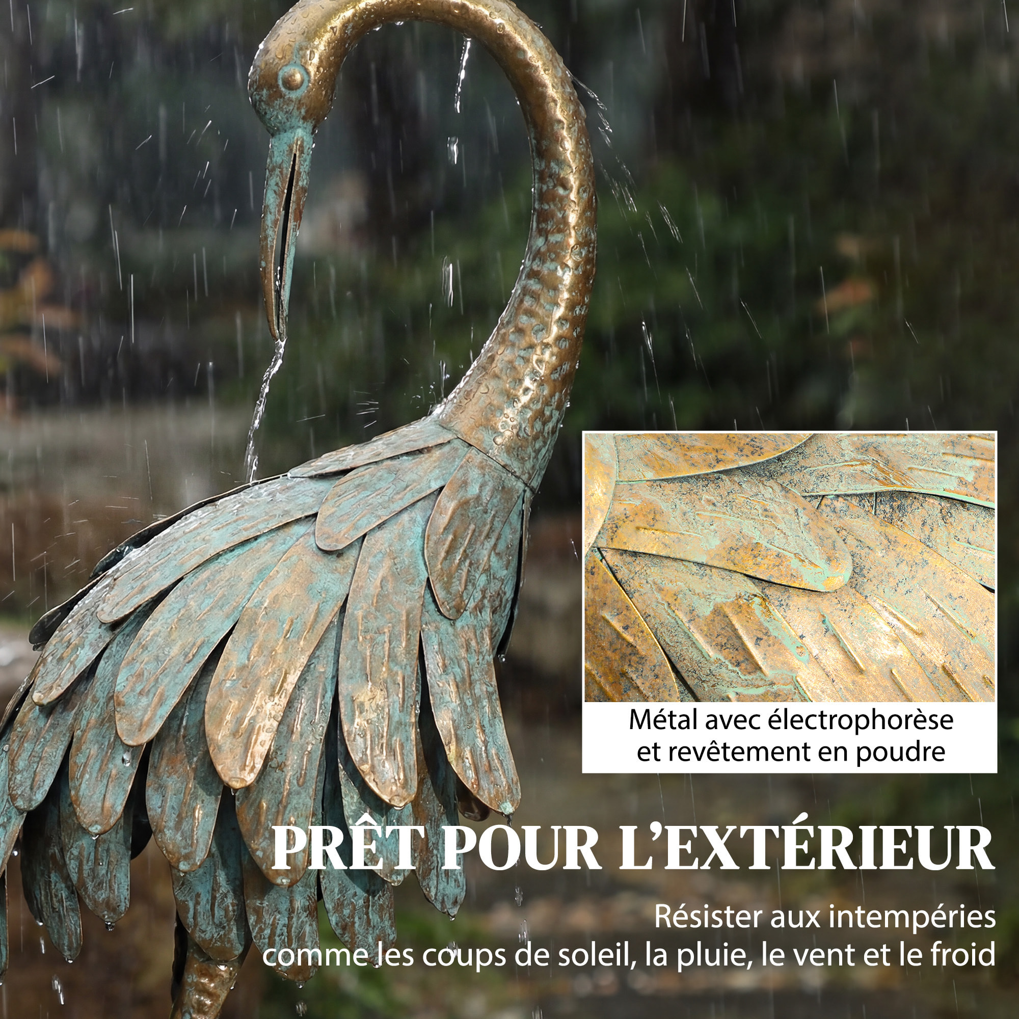 Lot de 2 statues de jardin héron - décoration de jardin - métal doré effet vieilli