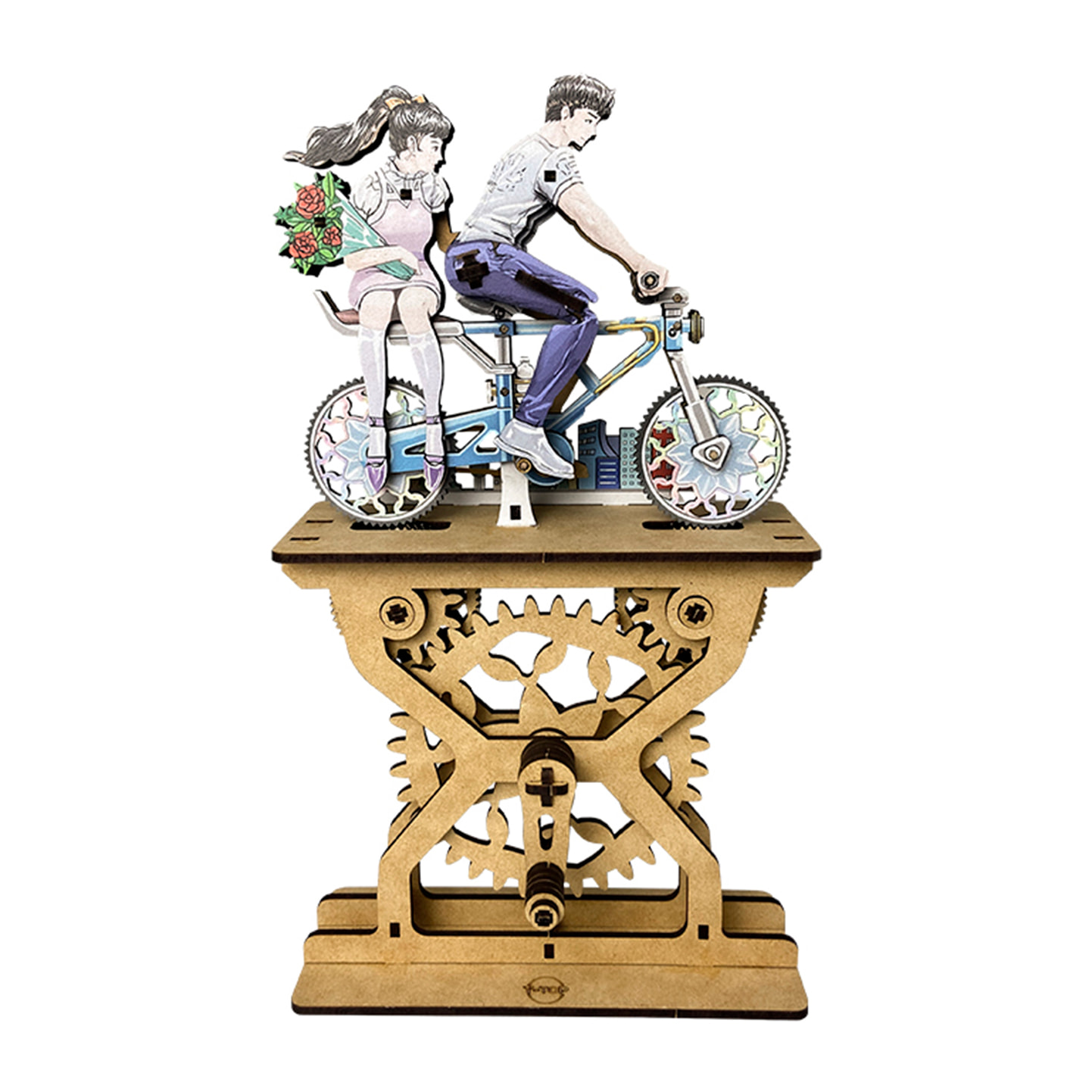 Maqueta de Madera 3D, con movimiento mecánico diseño de Amantes de la bicicleta en color - Pareja. 109 piezas.