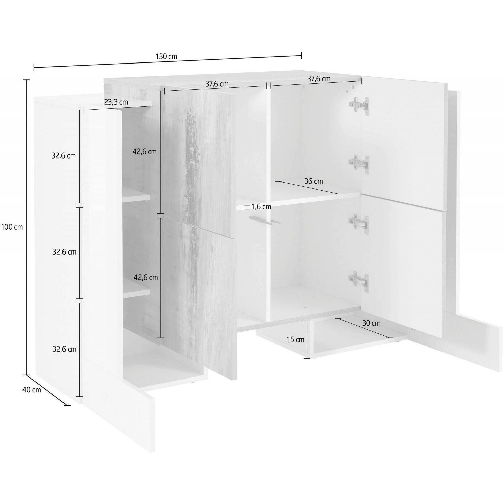 Credenza moderna di design a 6 antine battenti, Made in Italy, Buffet da cucina, Madia con scaffali da cucina, cm 130x45h100, colore Bianco lucido e Acero