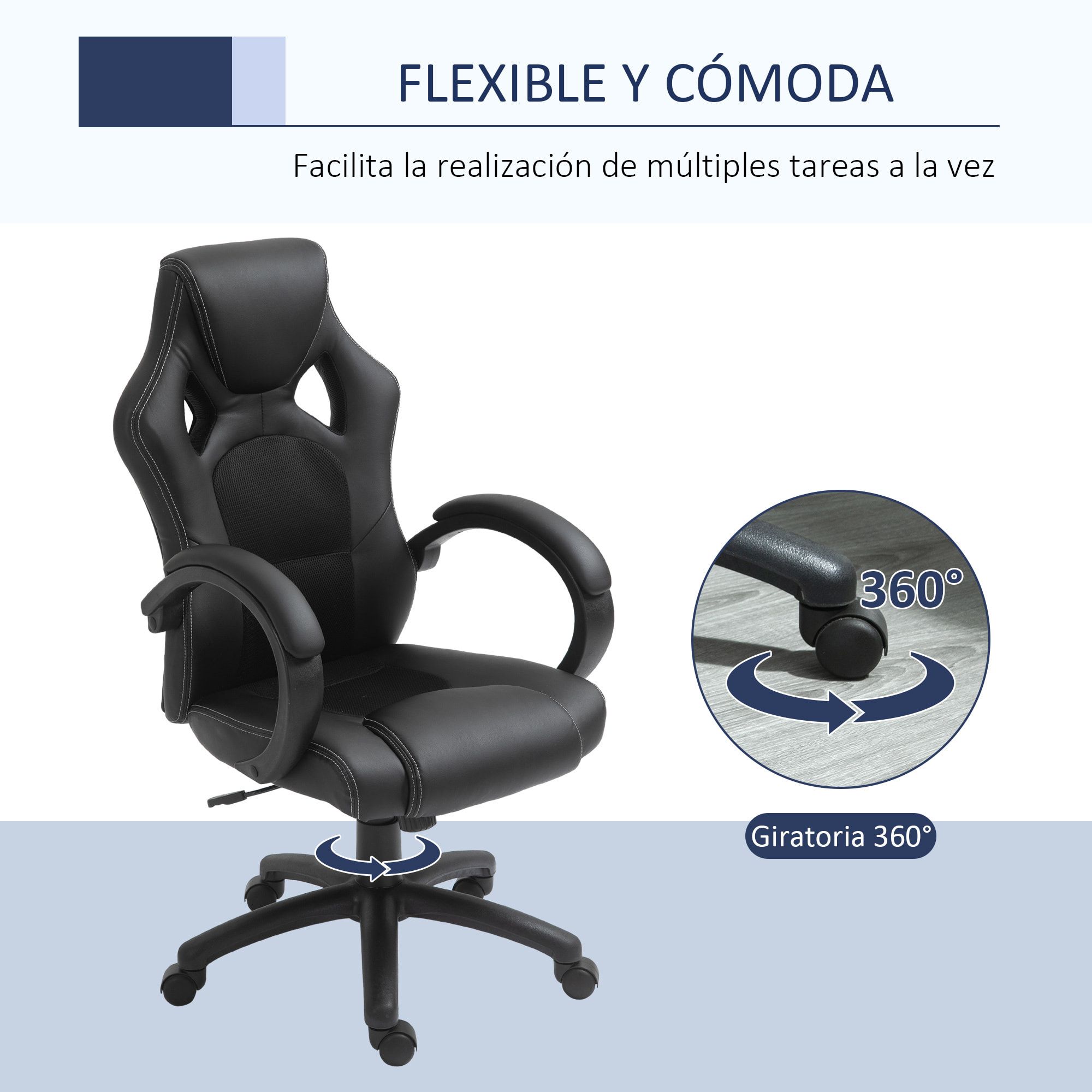 Silla de Escritorio de Oficina Ajustable en Altura Basculante Ergonómica Negro