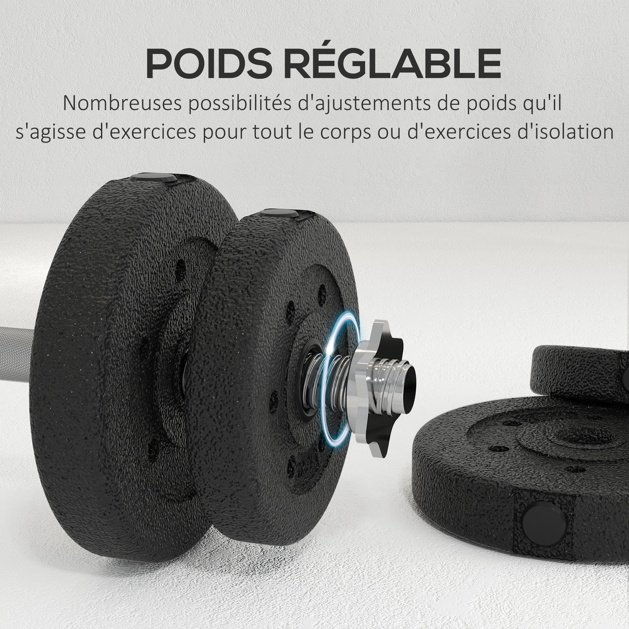 Ensemble d'haltères courtes total 25 Kg - barres incluses - entraînement musculaire & haltérophilie - acier PU noir