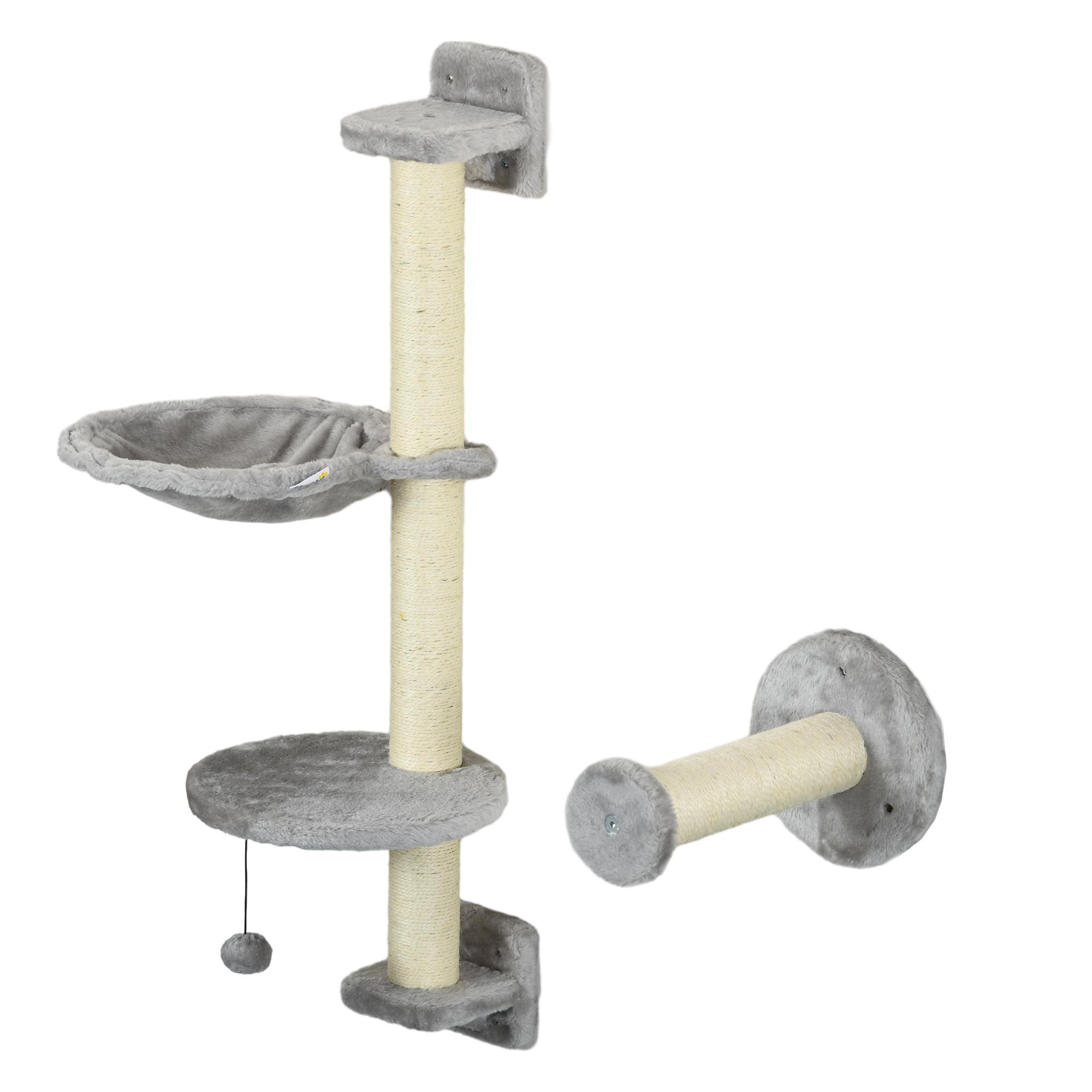 Estante de Escalada para Gatos de Pared Juego de Estantes para Gatos 4 Piezas con Hamaca Bola Plataformas para Saltar Poste de Sisal y Escalera 84,5x19x54 cm Gris y Beige