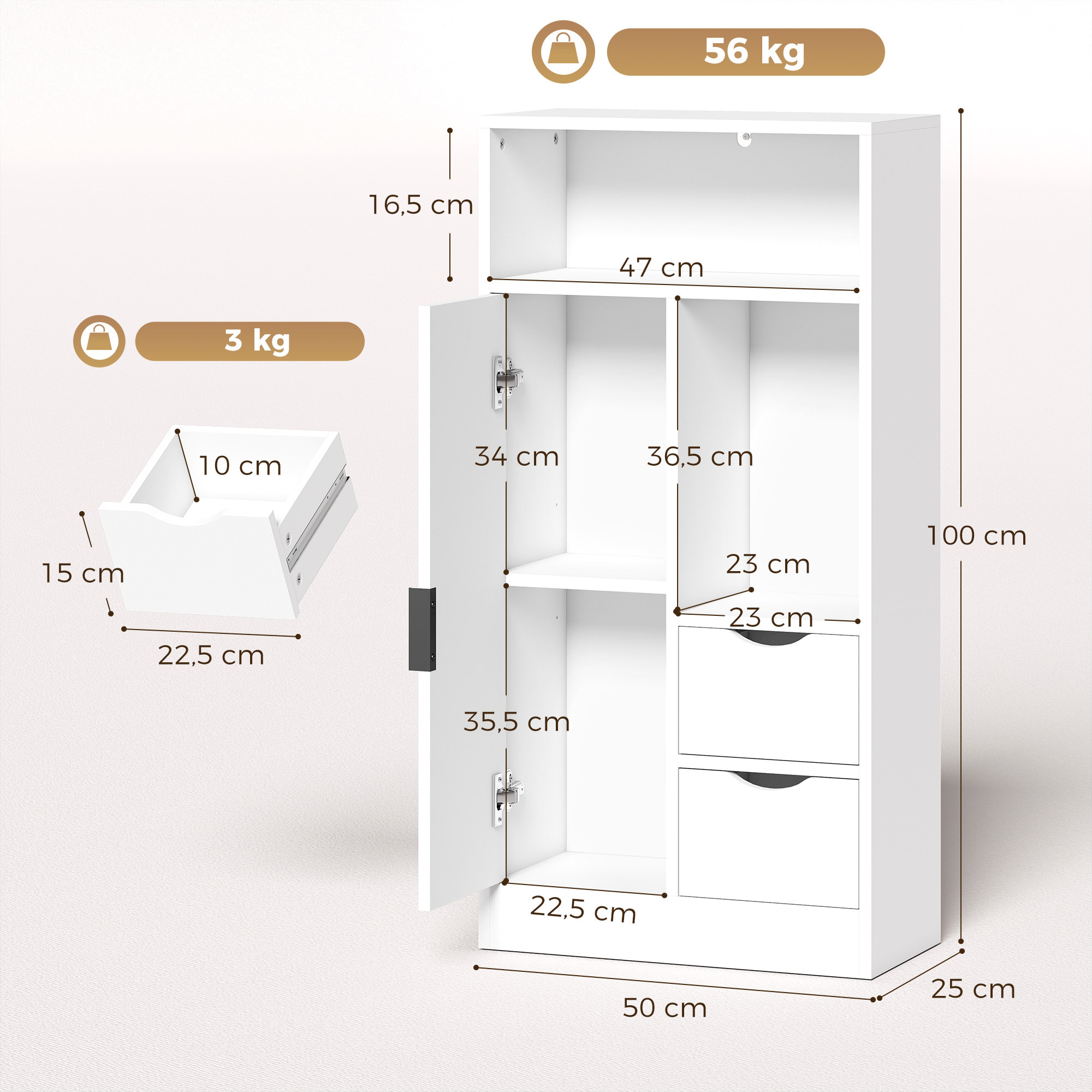 Mueble de Baño Estrecho Armario de Baño con 2 Cajones Compartimento Abierto y Estante Ajustable para Espacio Pequeño Cocina Salón 50x25x100 cm Blanco