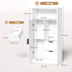 Mueble de Baño Estrecho Armario de Baño con 2 Cajones Compartimento Abierto y Estante Ajustable para Espacio Pequeño Cocina Salón 50x25x100 cm Blanco