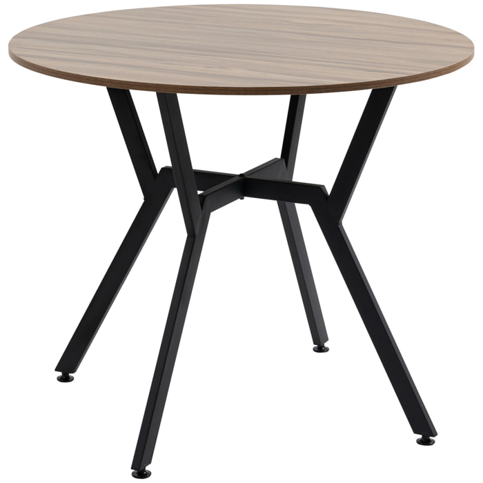 Table ronde design contemporain - dim. Ø 90 x 76H cm - acier noir aspect bois noyer