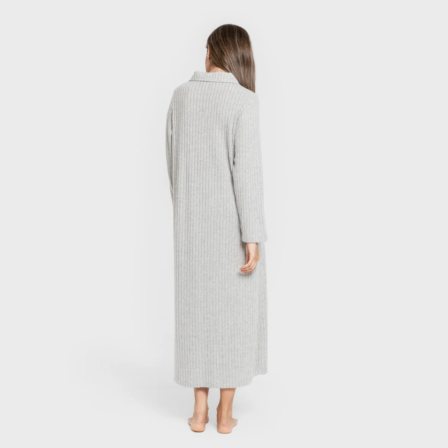 Vestido largo manga larga solapa 4x2 canalé mujer gris