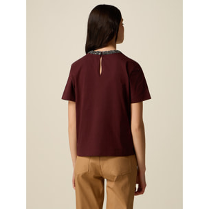 Oltre - T-shirt in cotone con collo gioiello - Bordeaux