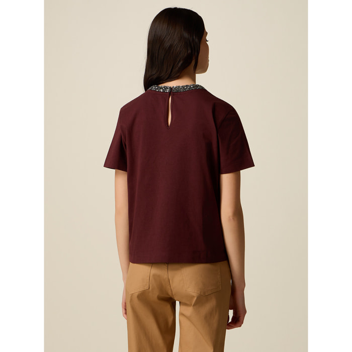 Oltre - T-shirt in cotone con collo gioiello - Bordeaux