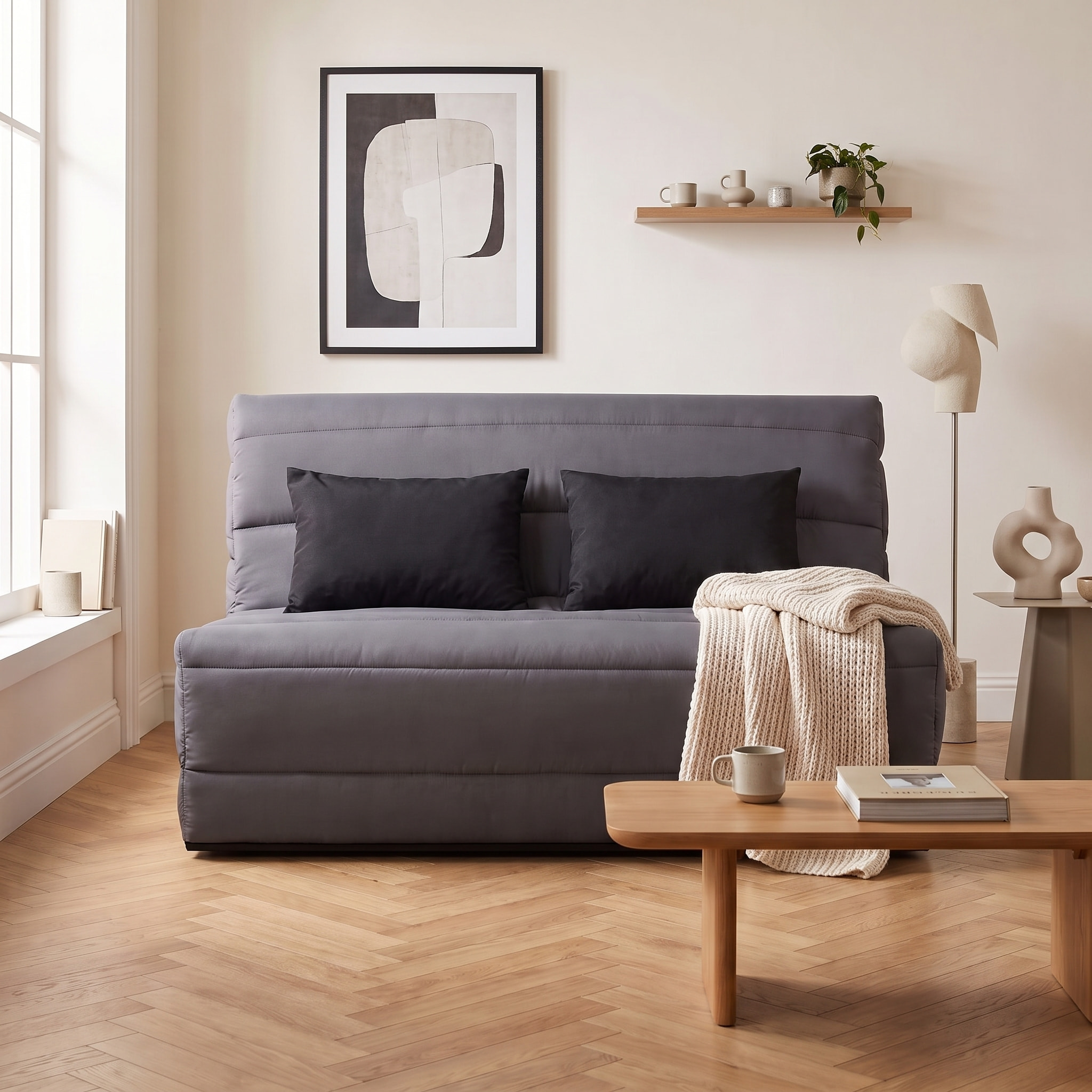 Banquette convertible Salma, matelas Simmons, 140 x 190 cm, 2 coussins offerts, gris