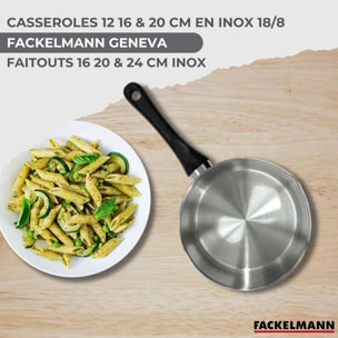 Batterie de cuisine avec 3 casseroles 12/16/20 cm et 3 faitouts 16/20/24 cm en inox sans PFAS Fackelmann Généva Brillant