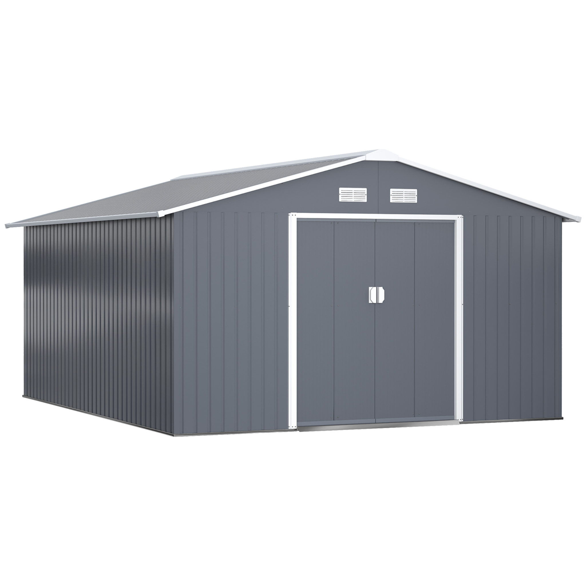 Caseta de Jardín Exterior 12,4 m² 340x386x200 cm Cobertizo de Jardín Exterior Metálico con Puerta Corredera, Base Refuerzo (Suelo NO Incluido) y Ventanas Gris Oscuro
