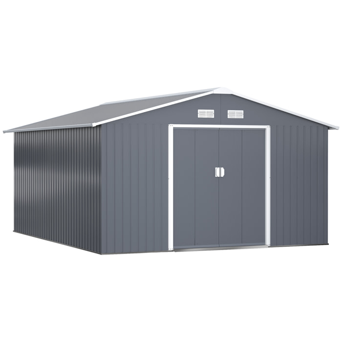 Caseta de Jardín Exterior 12,4 m² 340x386x200 cm Cobertizo de Jardín Exterior Metálico con Puerta Corredera, Base Refuerzo (Suelo NO Incluido) y Ventanas Gris Oscuro