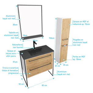 Ensemble de salle de bain 80 cm chêne naturel + vasque noir + miroir LED + colonne de rangement