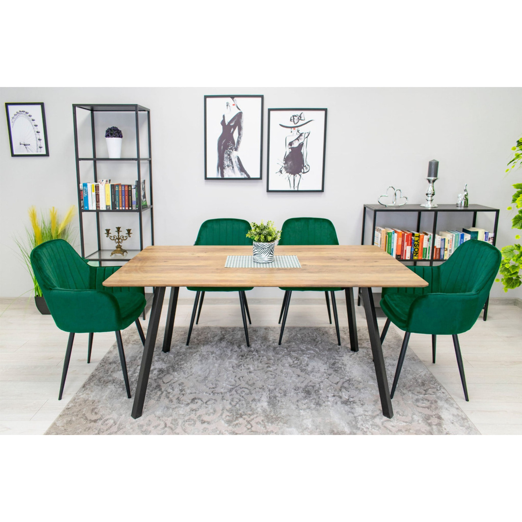 Sedia di design Lugo in velluto verde con gambe nere