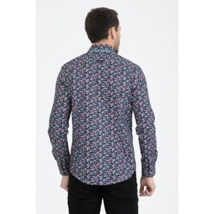 Camicia Uomo 1 Bottoni Button Down Slim Popeline Stampato Nero/Bianco