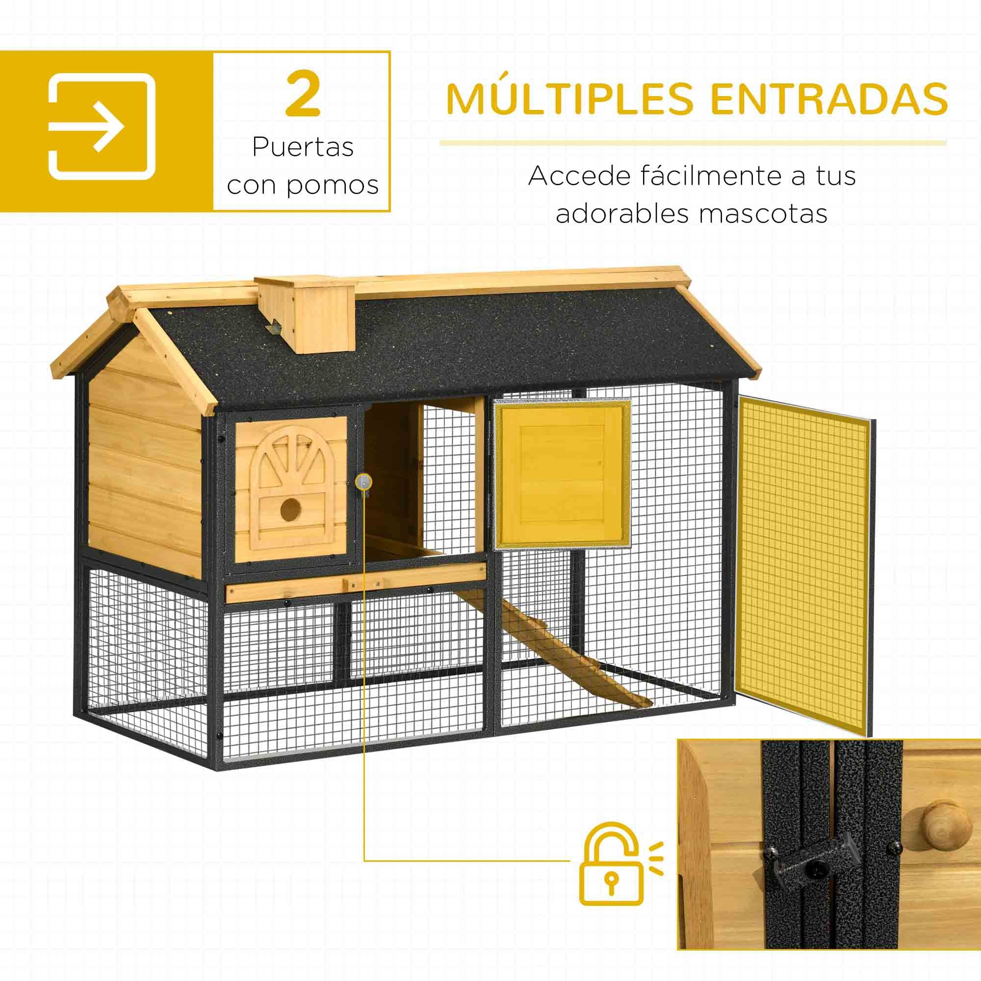 Conejera de Madera de 2 Niveles Jaula para Conejos con Zona Abierta Techo Asfáltico Bandeja Extraíble Puertas y Rampa Conejera para Exterior 120x55,5x80 cm Natural y Negro