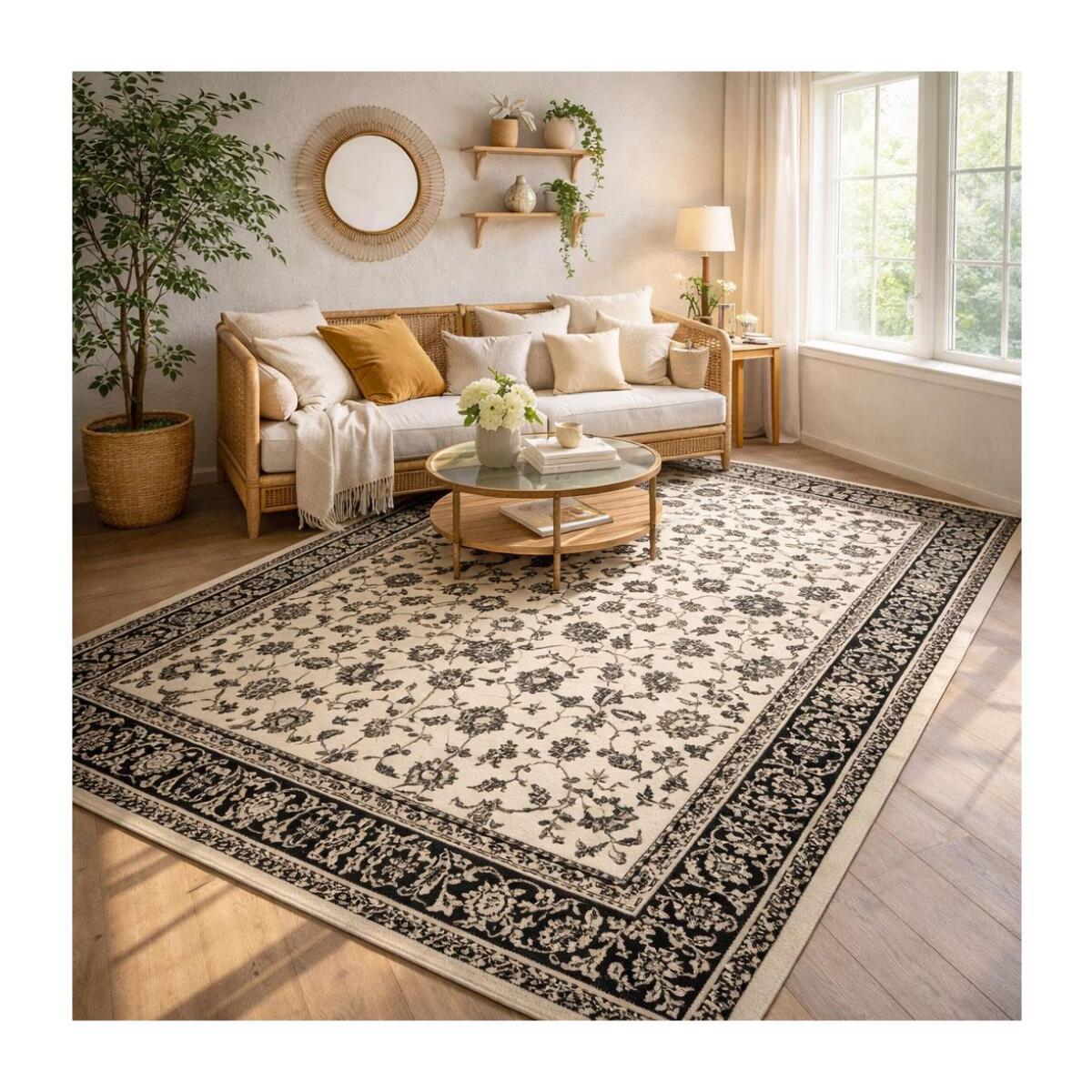 Tapis Ladi motif traditionnel oriental beige et noir