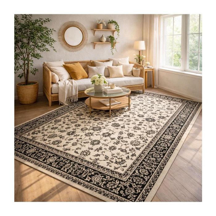 Tapis Ladi motif traditionnel oriental beige et noir