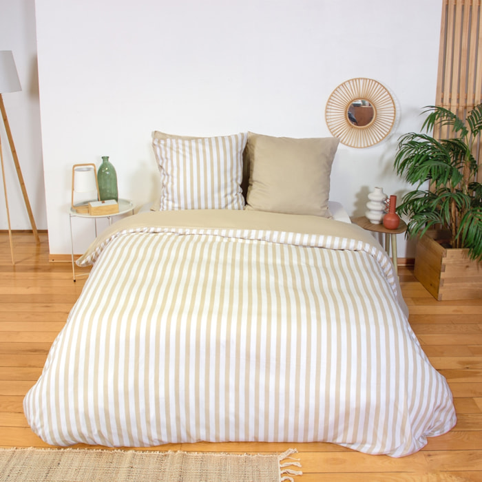 Parure de lit microfibre réversible rayures beige NÉO