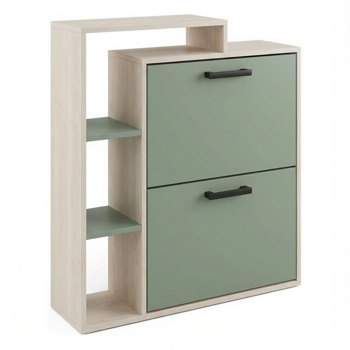 Sena - Scarpiera Salvaspazio 2 Ante 80x90x24,5 cm 12 Paia con Mensole e Ripiano Svuotatasche in Legno Salvia