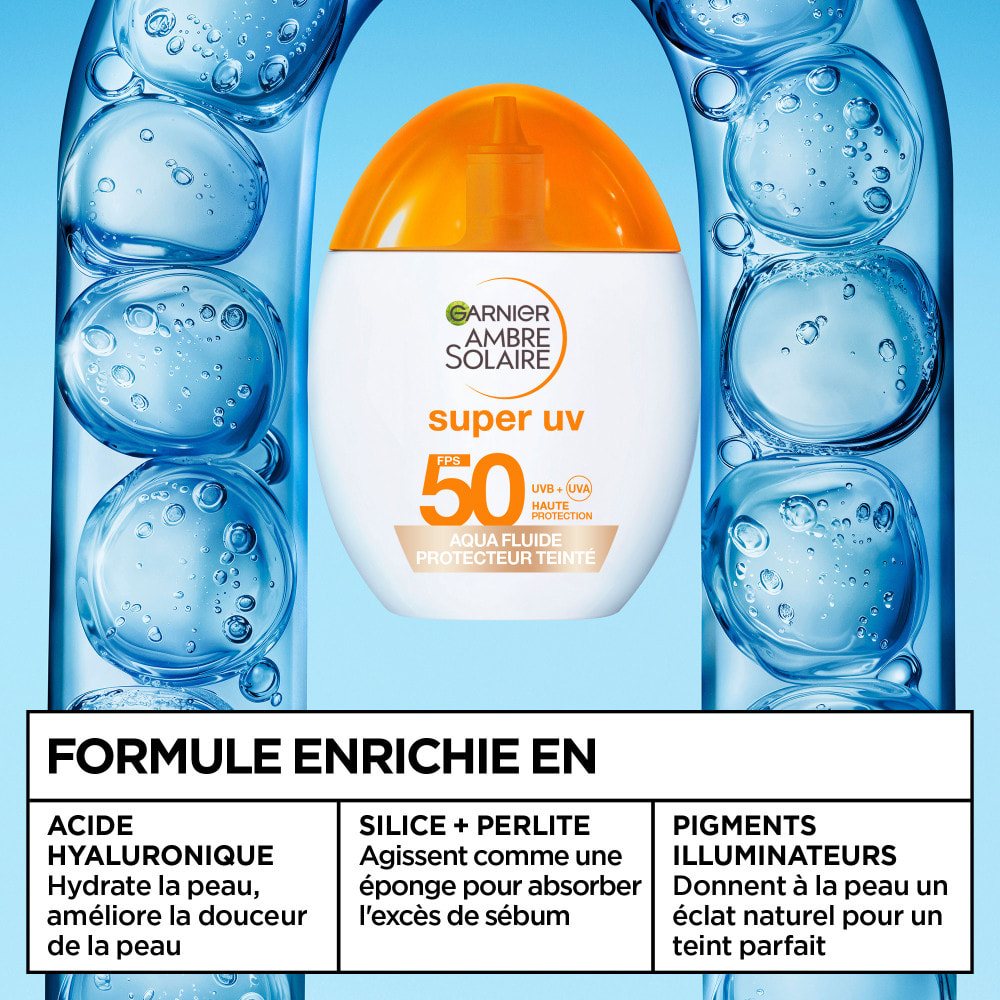 Garnier Ambre Solaire Super UV Visage Aqua Fluide SPF50 Teinté - Acide Hyaluronique - 40ml