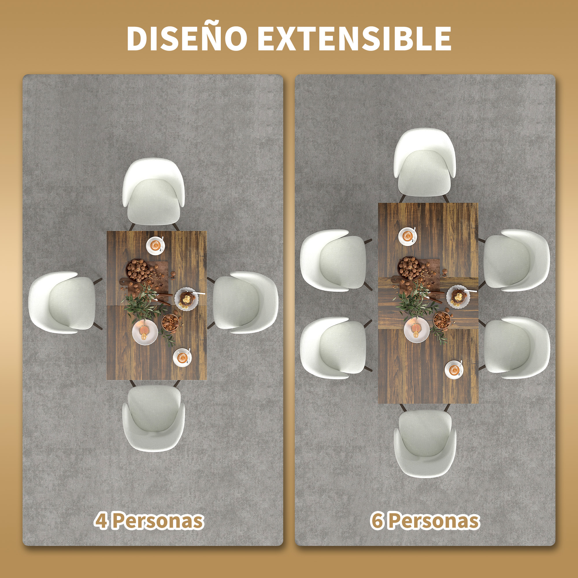 Mesa de Comedor Extensible Rectangular para 4-6 Personas Mesa de Cocina Extensible con Patas Metálicas para Salón 120-160x80x75 cm Marrón