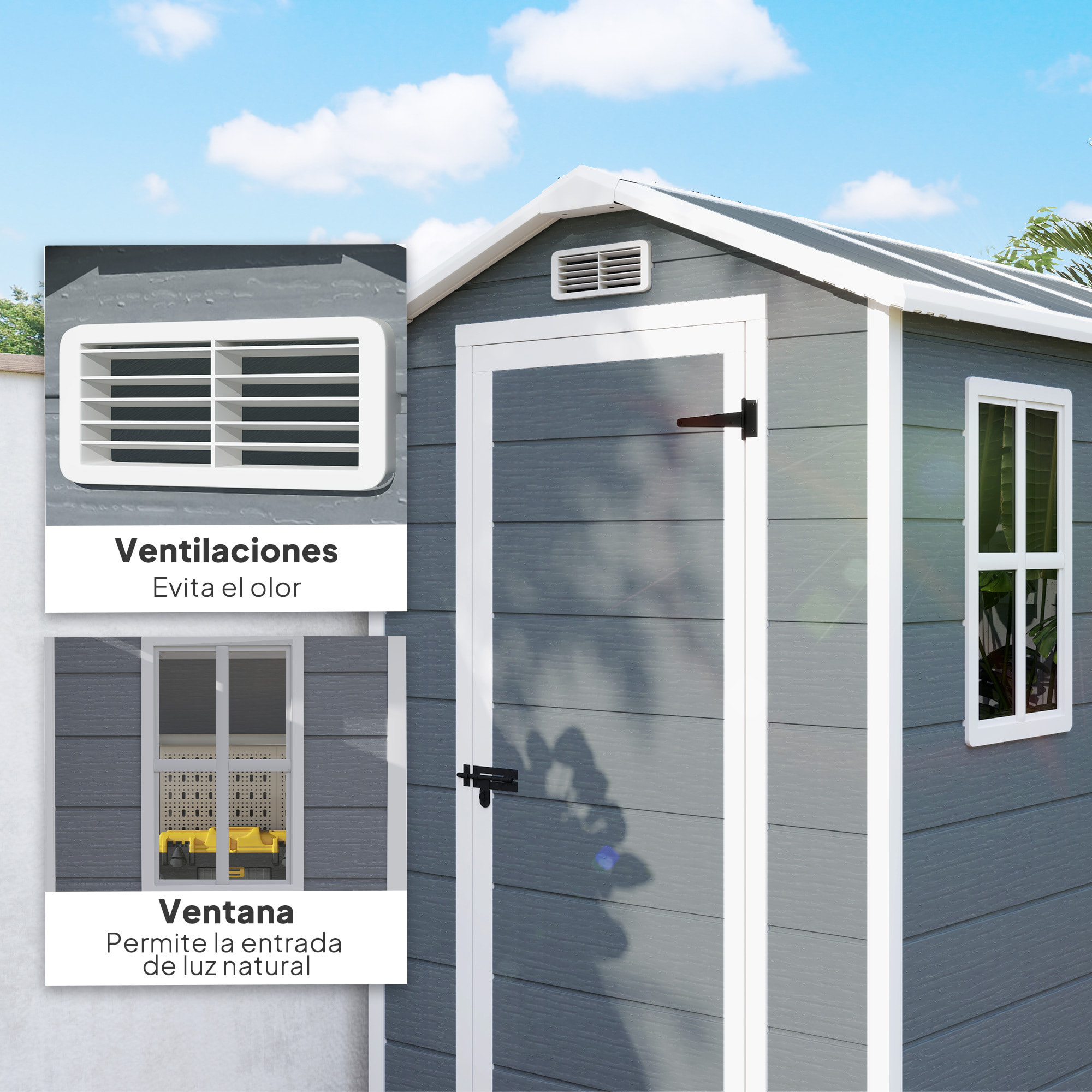 Caseta de Jardín Exterior, 2,1 m², 131x186x198 cm, Cobertizo de Jardín Exterior con Suelo, Ventana, Puerta con Cerradura, Ventilaciones, para Almacenamiento de Herramientas, Gris