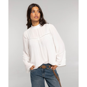 Blusa de gasa con encaje y manga larga de mujer