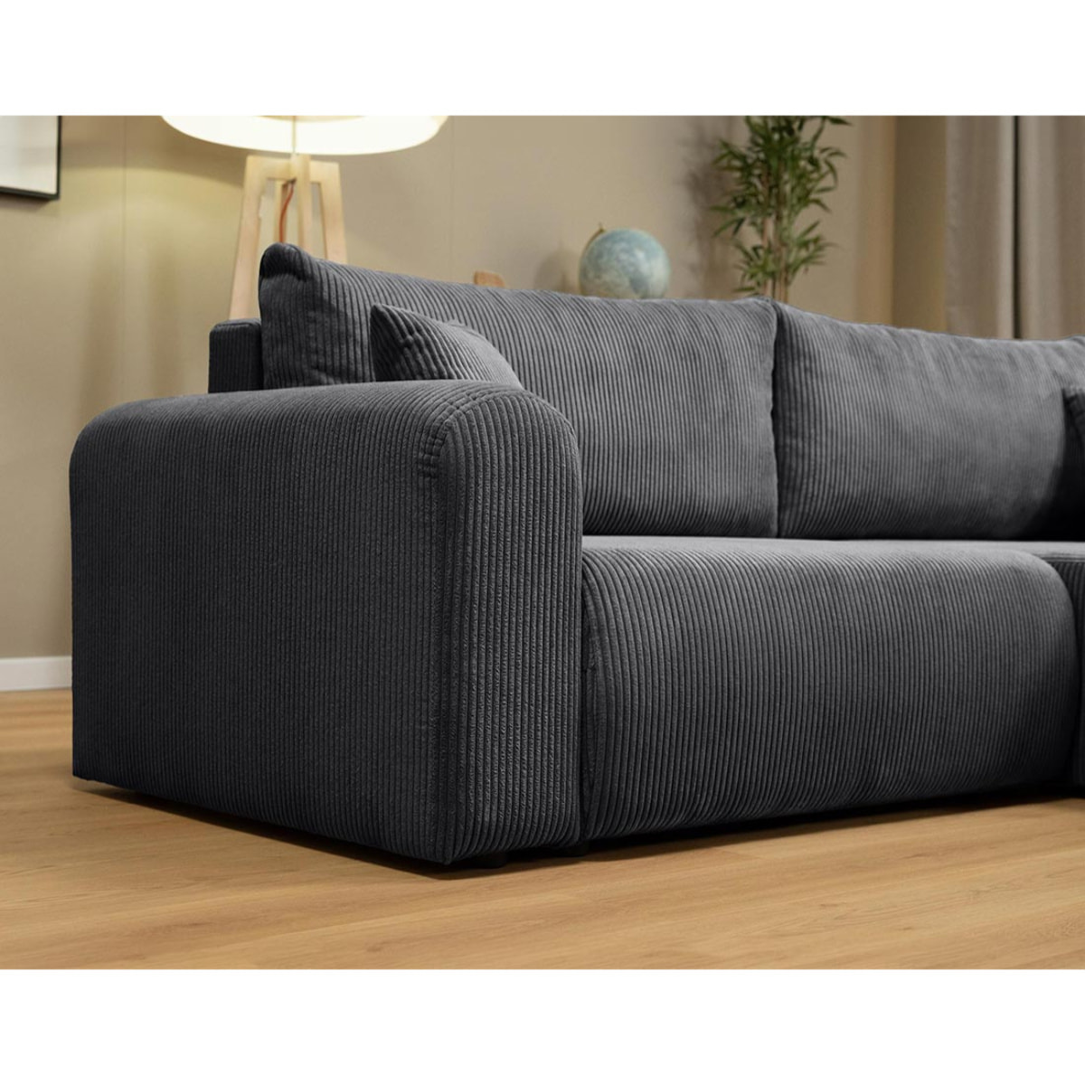 Naomi - Canapé d'angle réversible 4 places convertible avec coffre en velours côtelé - Gris foncé