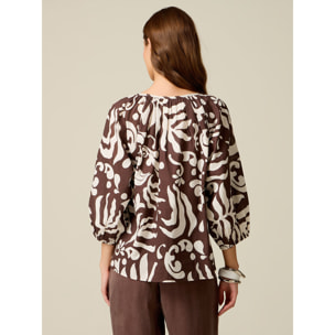 Oltre - Blusa in mussola di cotone fantasia - Marrone