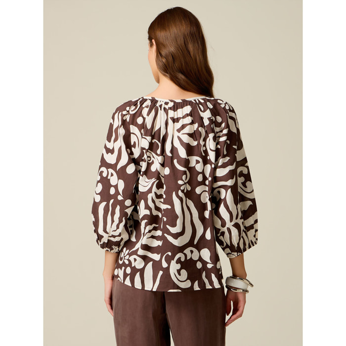 Oltre - Blusa in mussola di cotone fantasia - Marrone