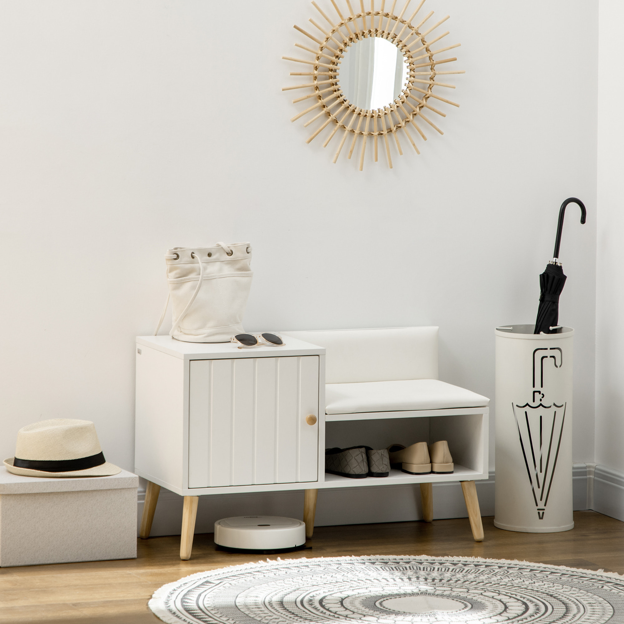 Banc meuble à chaussures 2 en 1 style scandinave - porte, niche, étagère - bois pin blanc