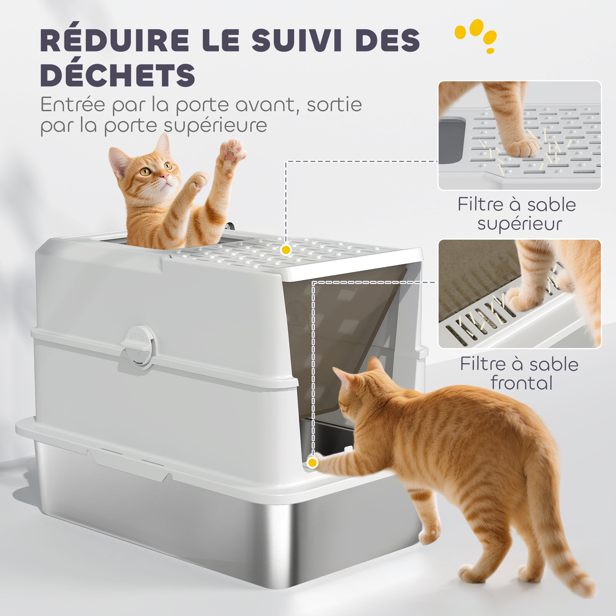 Maison de toilette bac à litière fermé acier inox - pelle, couvercle amovible, porte, anti-fuite - gris clair