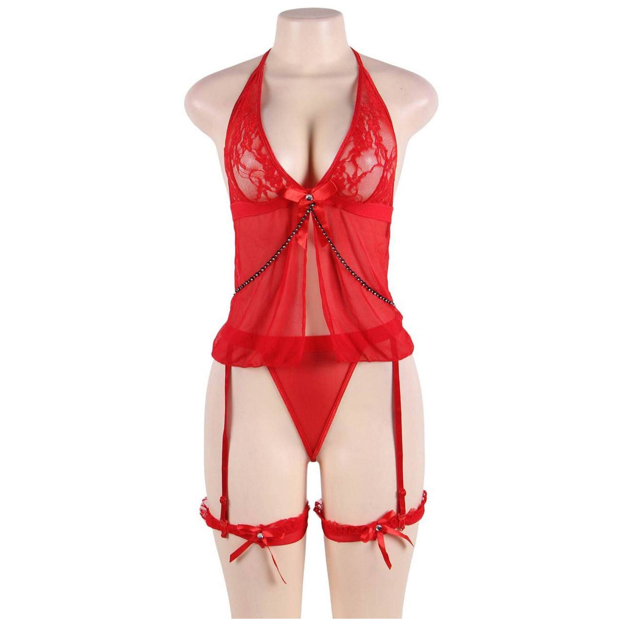 Babydoll, liguero y braga rojo